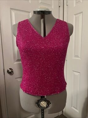 SCALA 100% Silk Beaded Tank, Hot Pink, Size L